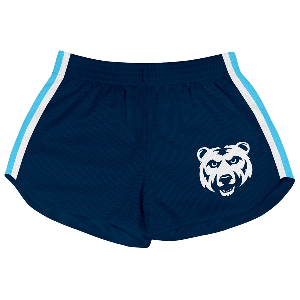Navy blue athletic shorts with white and light blue side stripes and a white bear mascot graphic