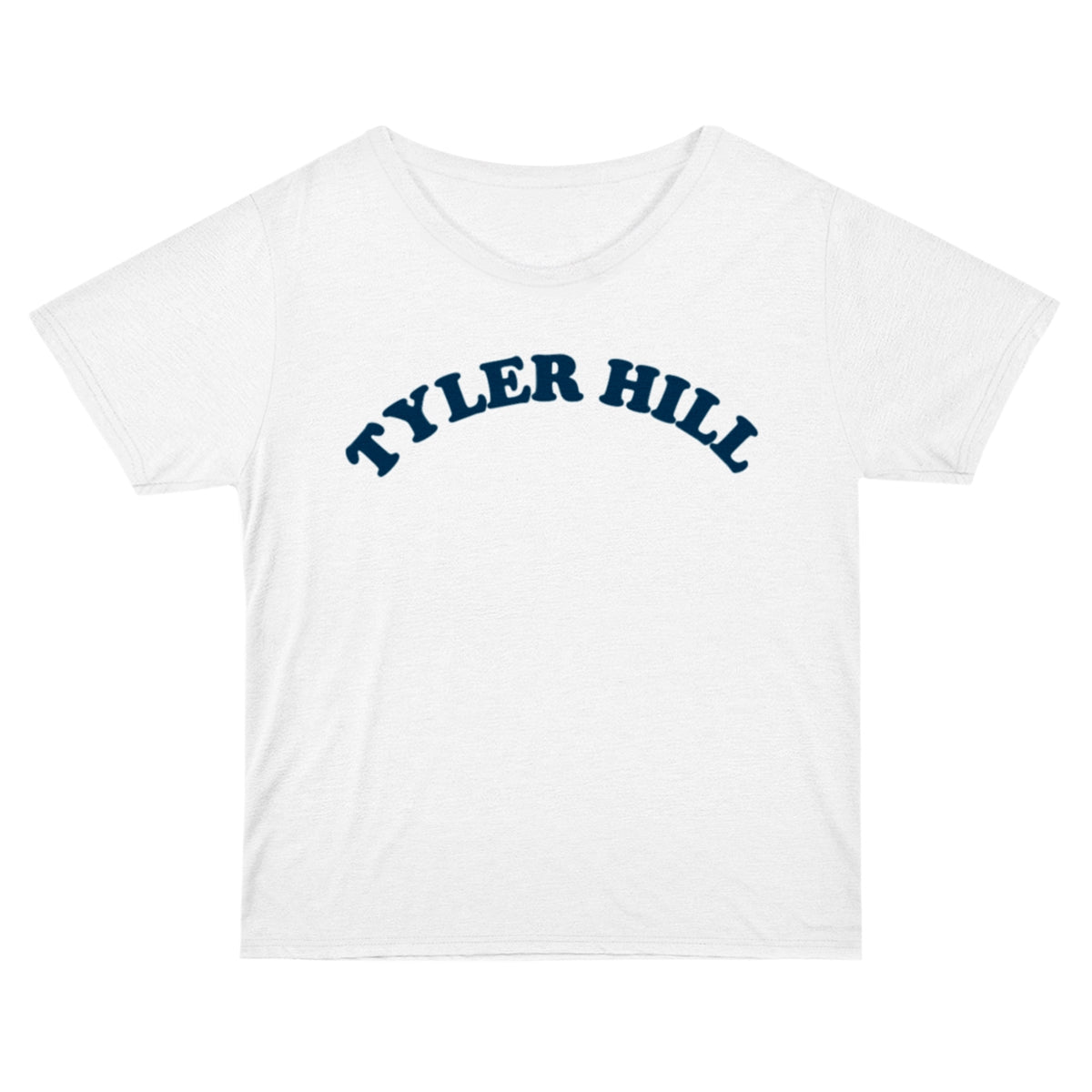 White short sleeve t-shirt with Tyler Hill text in navy blue arched font