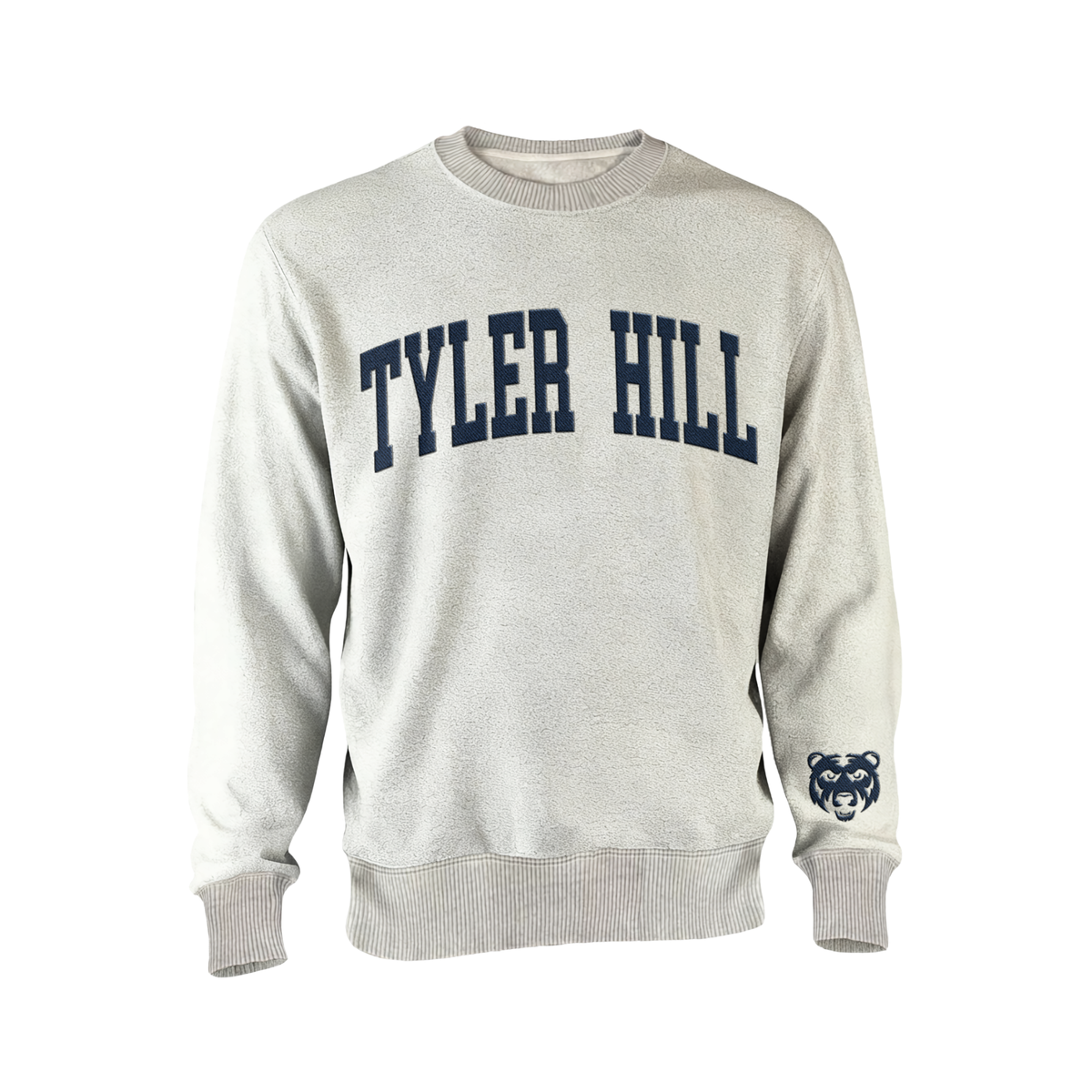 Light grey fleece sweatshirt with Tyler Hill text and bear logo on sleeve