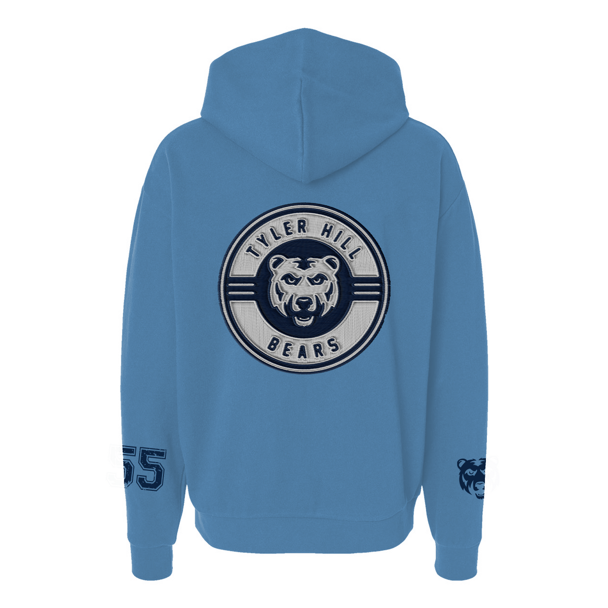 Blue hoodie with Tyler Hill Bears circular embroidered logo on back and number 55 on sleeve