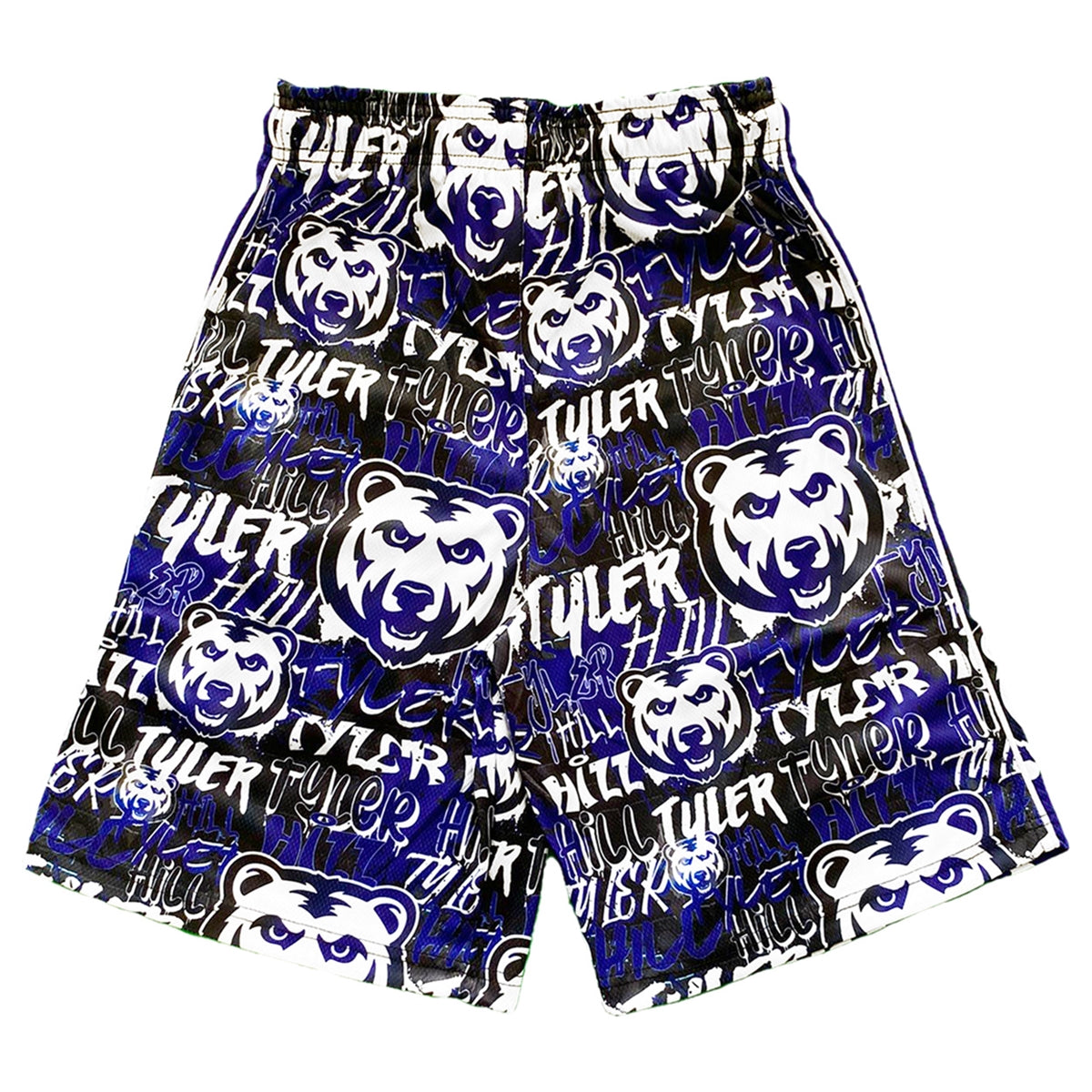 Athletic shorts with a repeating blue and white bear mascot and Tyler Hill text pattern on a black background