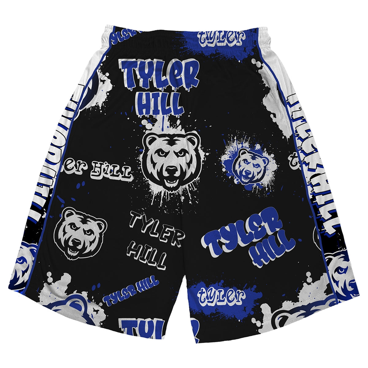 Black basketball shorts with blue and white bear logos and Tyler Hill text pattern