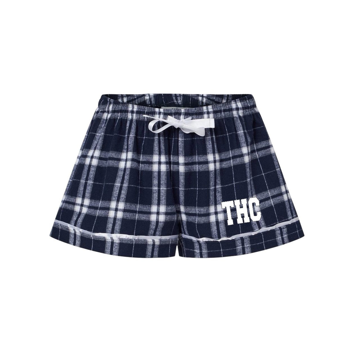 Navy and white plaid pajama shorts with white drawstring and THC logo