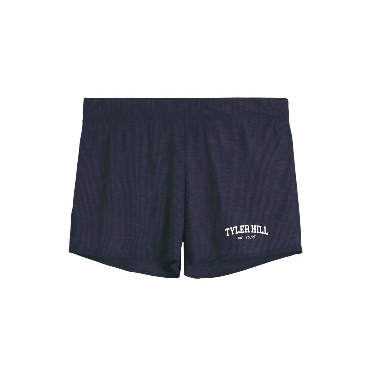 Navy blue ribbed athletic shorts with Tyler Hill est 1955 logo