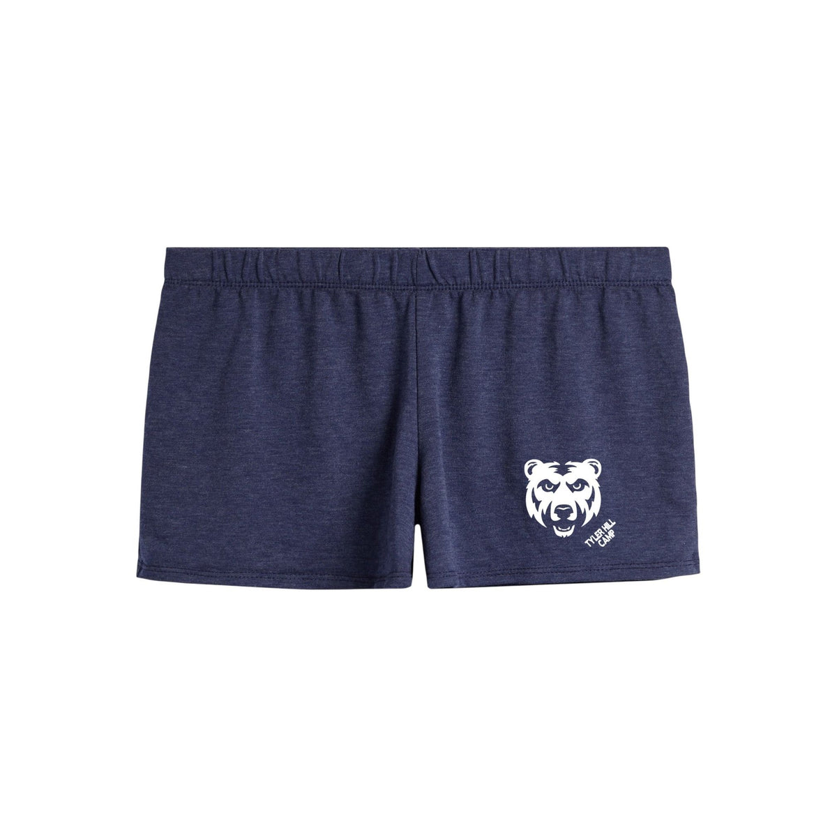 Navy blue athletic shorts with white Tyler Hill Camp bear logo