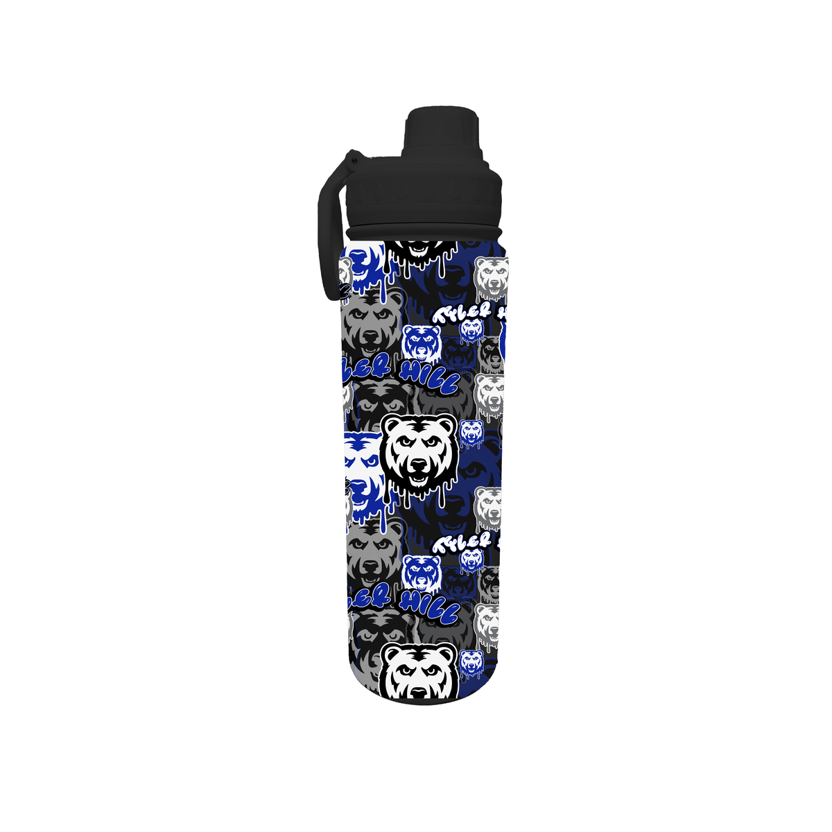 Water bottle with black lid and blue and black bear mascot pattern