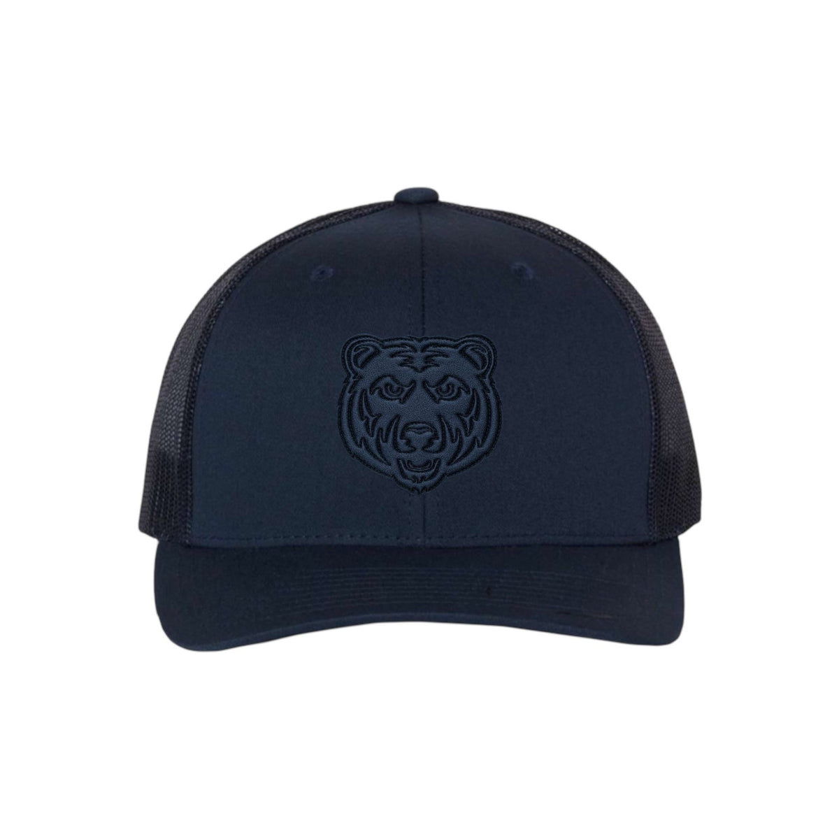 Navy blue trucker hat with embroidered bear head logo
