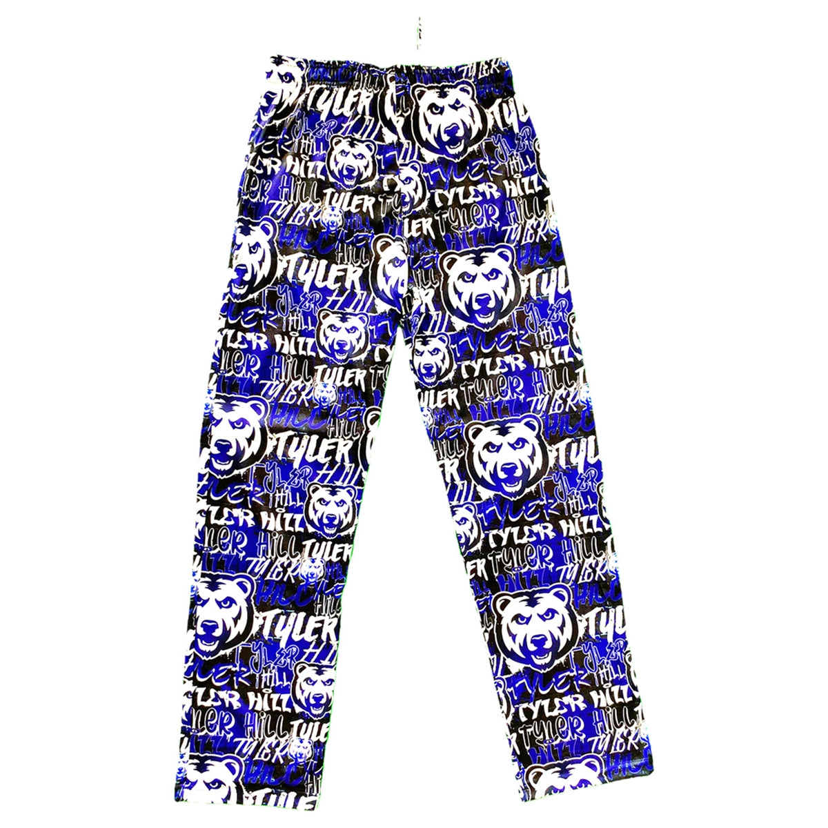 Blue and black lounge pants with repeating bear head graphics and Tyler Hill text