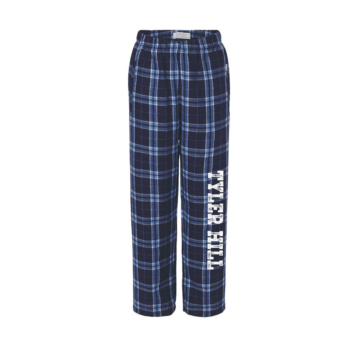 Navy and blue plaid flannel pajama pants with Tyler Hill text printed on the left leg