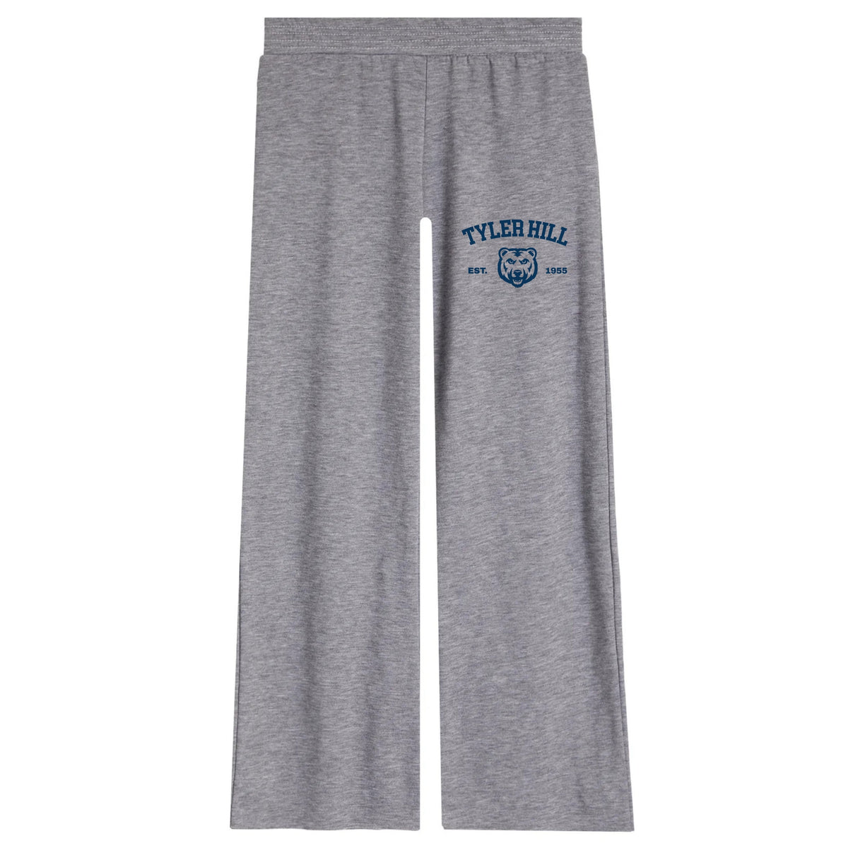 Grey sweatpants with Tyler Hill bear logo on the upper right leg