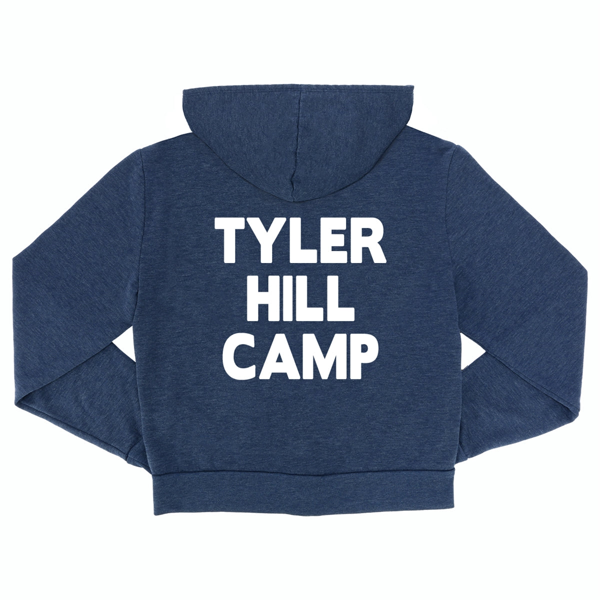 Back view of a navy blue hooded sweatshirt with Tyler Hill Camp printed in white block letters