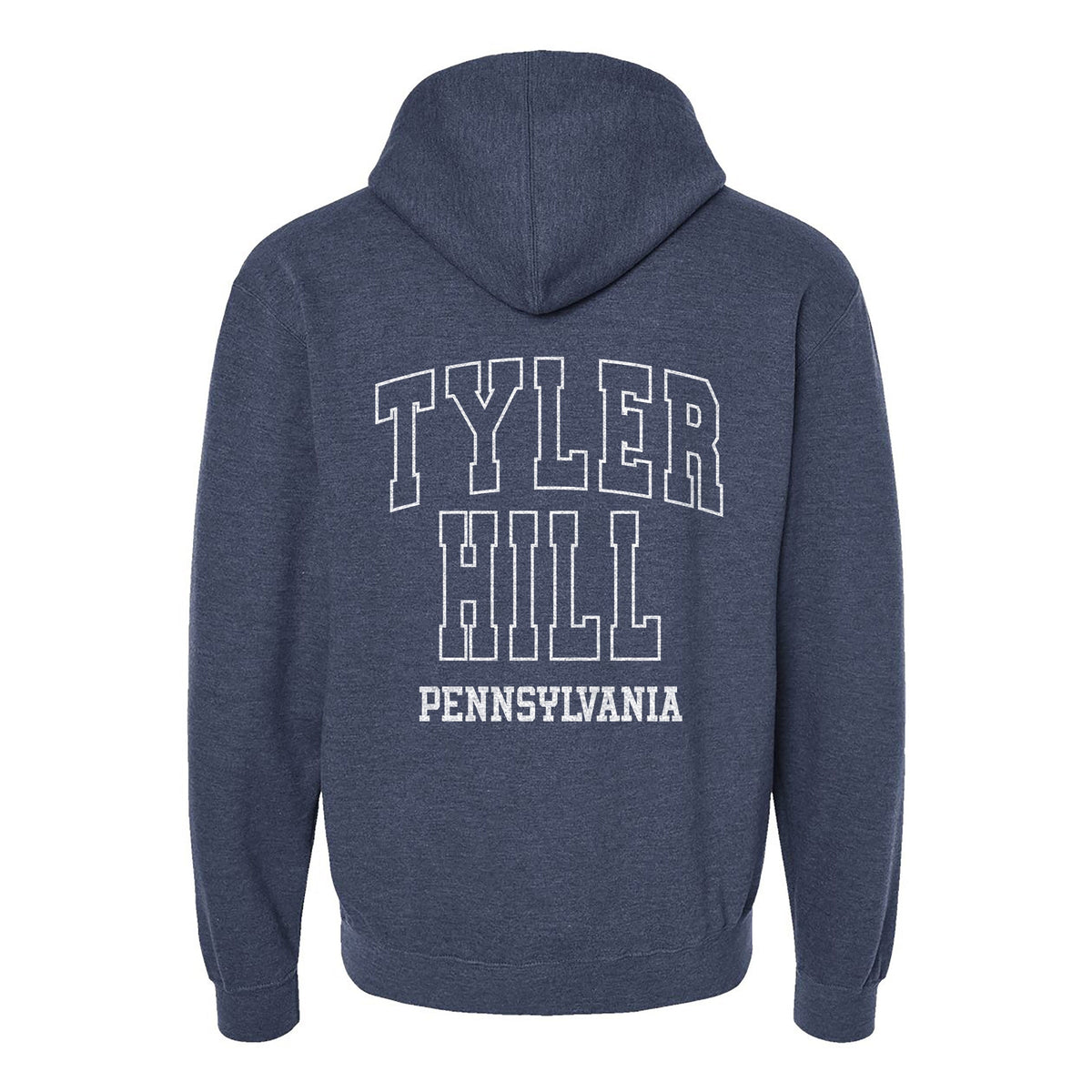 Navy blue hooded sweatshirt with white Tyler Hill Pennsylvania text on the back