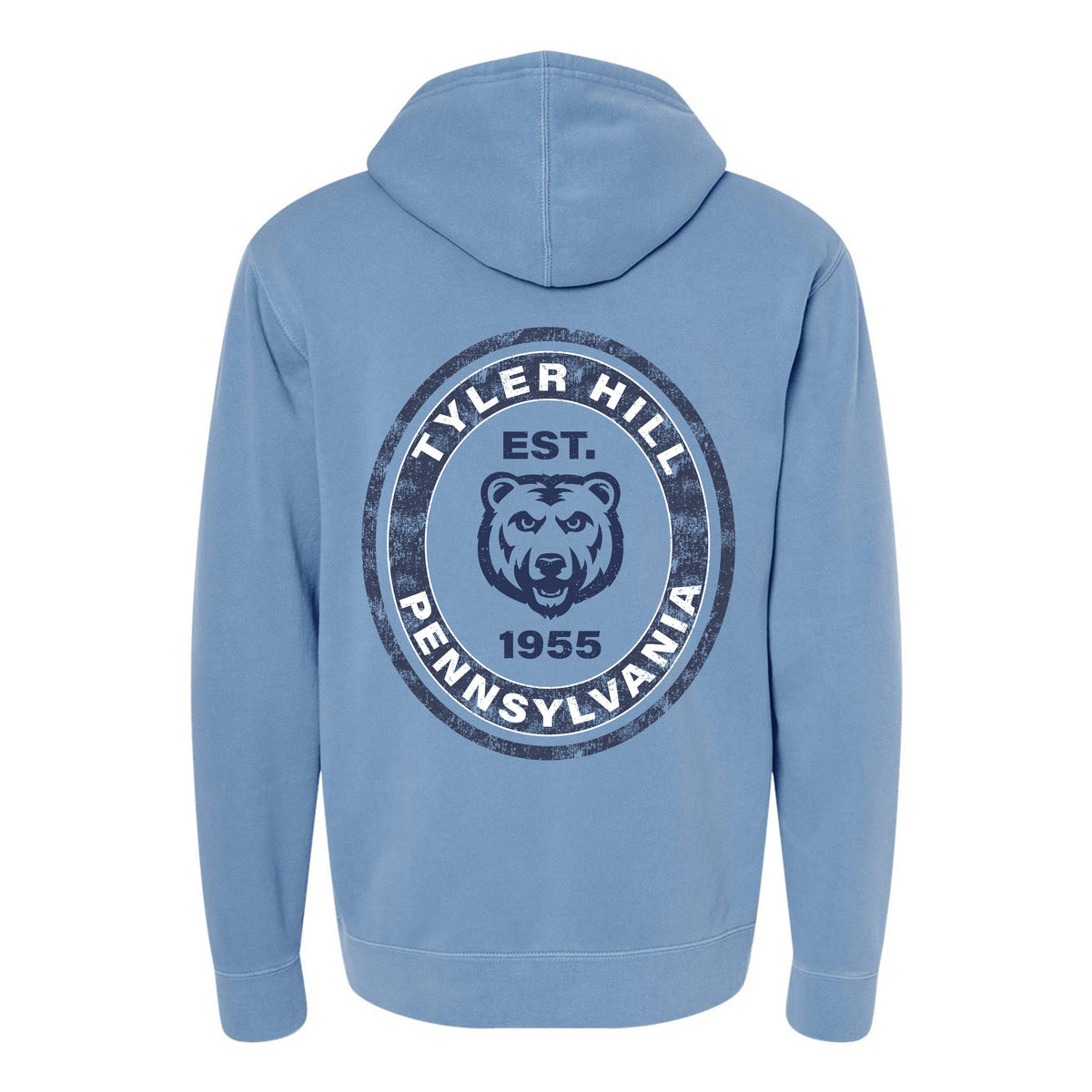 Light blue hooded sweatshirt with Tyler Hill Pennsylvania 1955 bear graphic on back