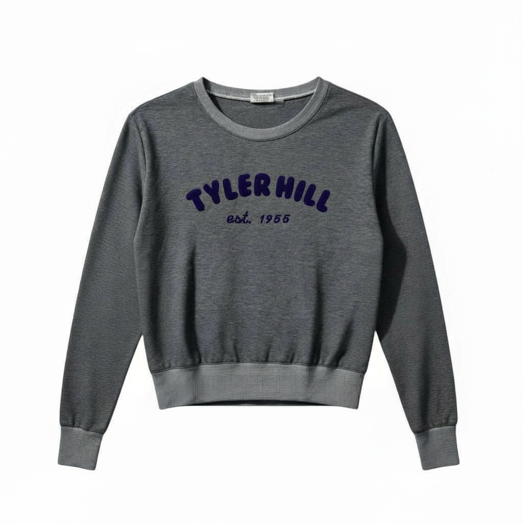 Grey crewneck sweatshirt with Tyler Hill est 1955 text in navy blue