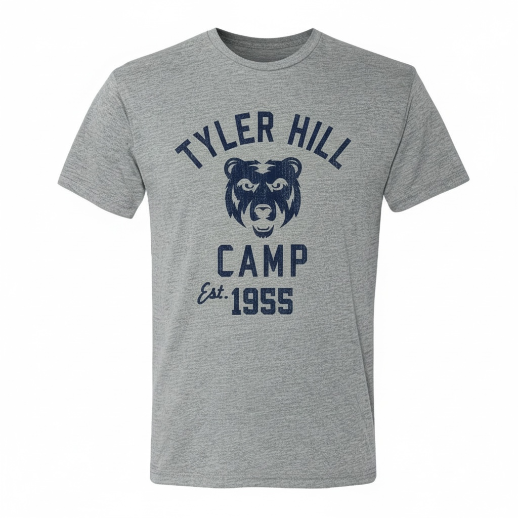 Grey short sleeve t-shirt with Tyler Hill Camp Est 1955 text and bear head graphic in navy blue