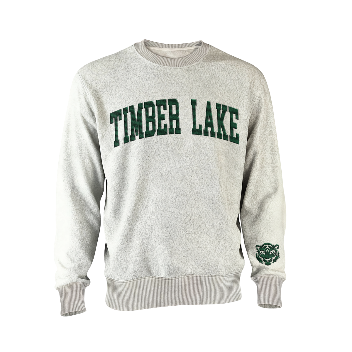 Grey crewneck sweatshirt with Timber Lake text and tiger logo in green