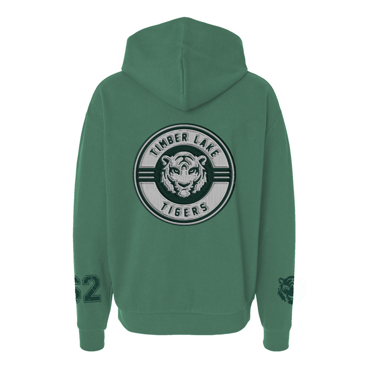 Back view of green hoodie with Timber Lake Tigers circular logo and sleeve details