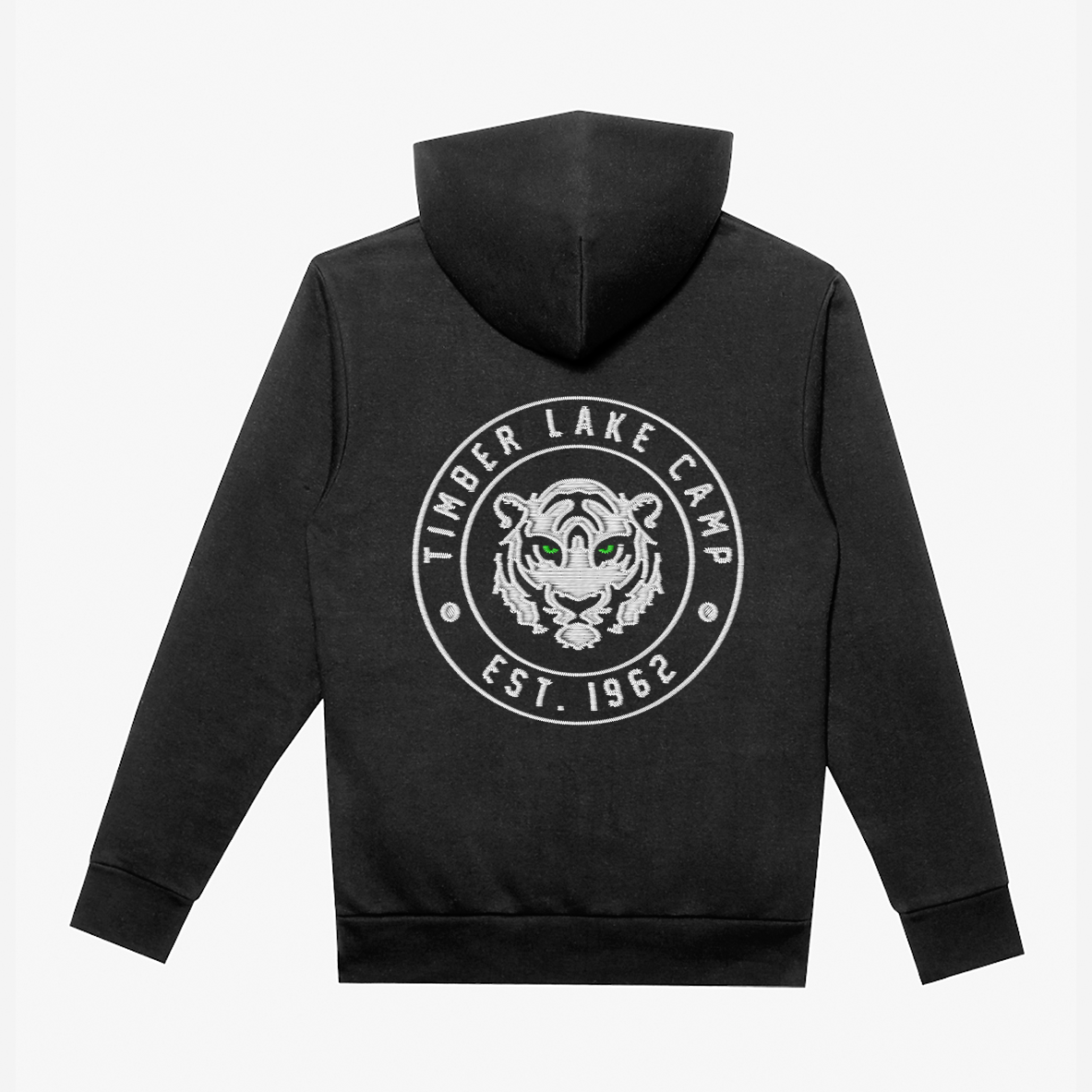 Black hoodie with Timber Lake Camp tiger logo embroidered on the back