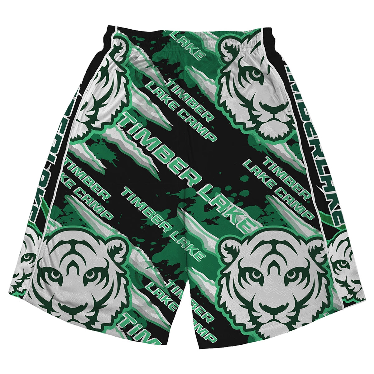 Black and green athletic shorts with tiger face pattern and Timber Lake Camp text