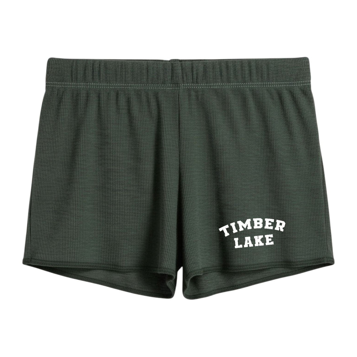 Dark green waffle knit lounge shorts with Timber Lake text graphic