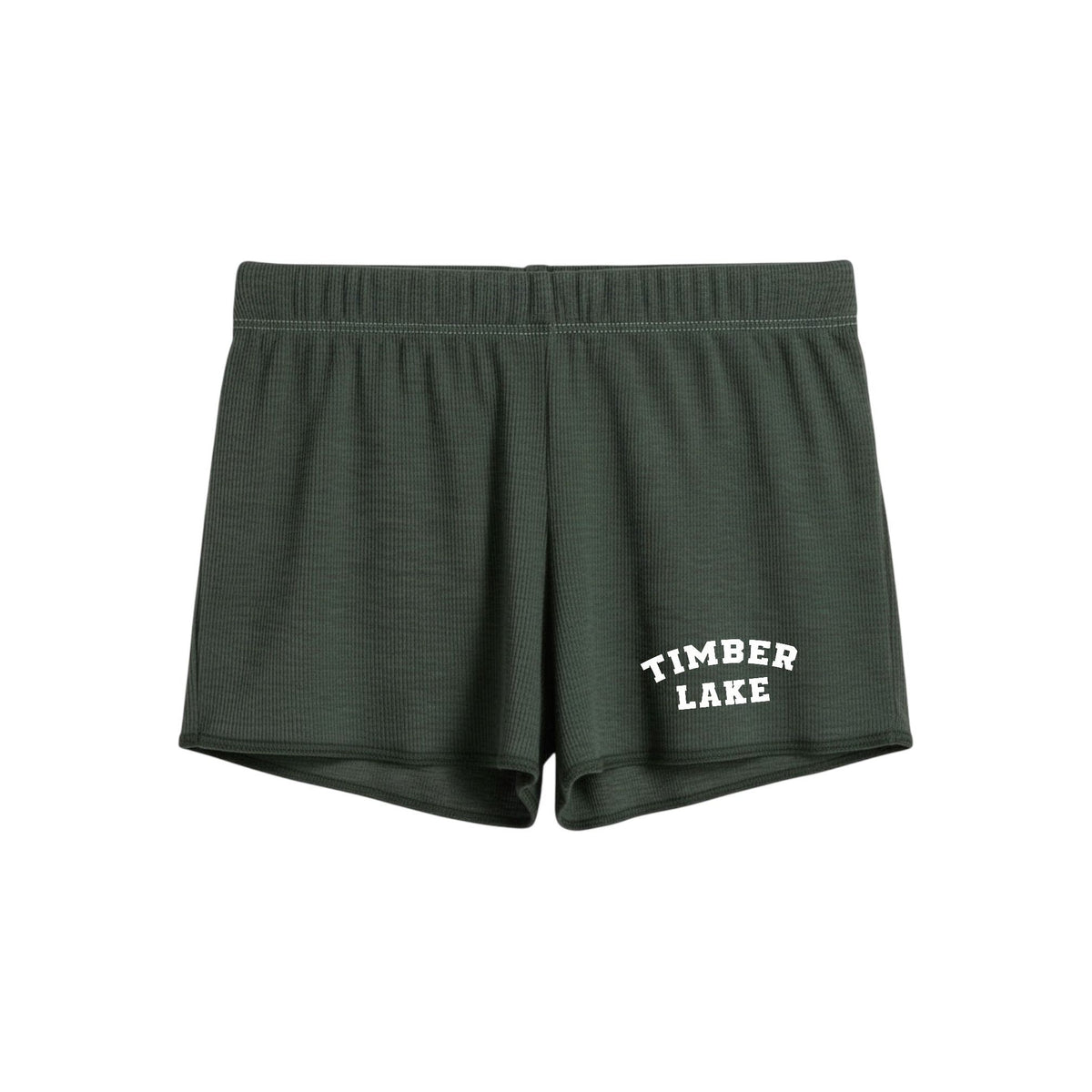 Dark green waffle knit lounge shorts with Timber Lake text graphic