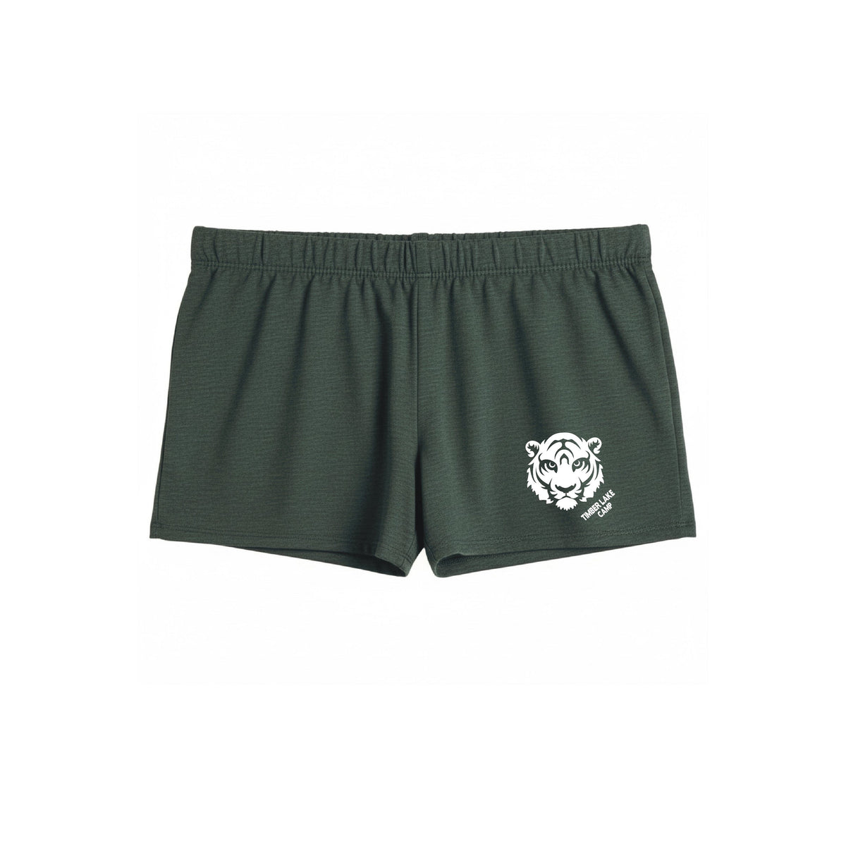 Dark green athletic shorts with a white tiger head graphic and Timber Lake Camp text