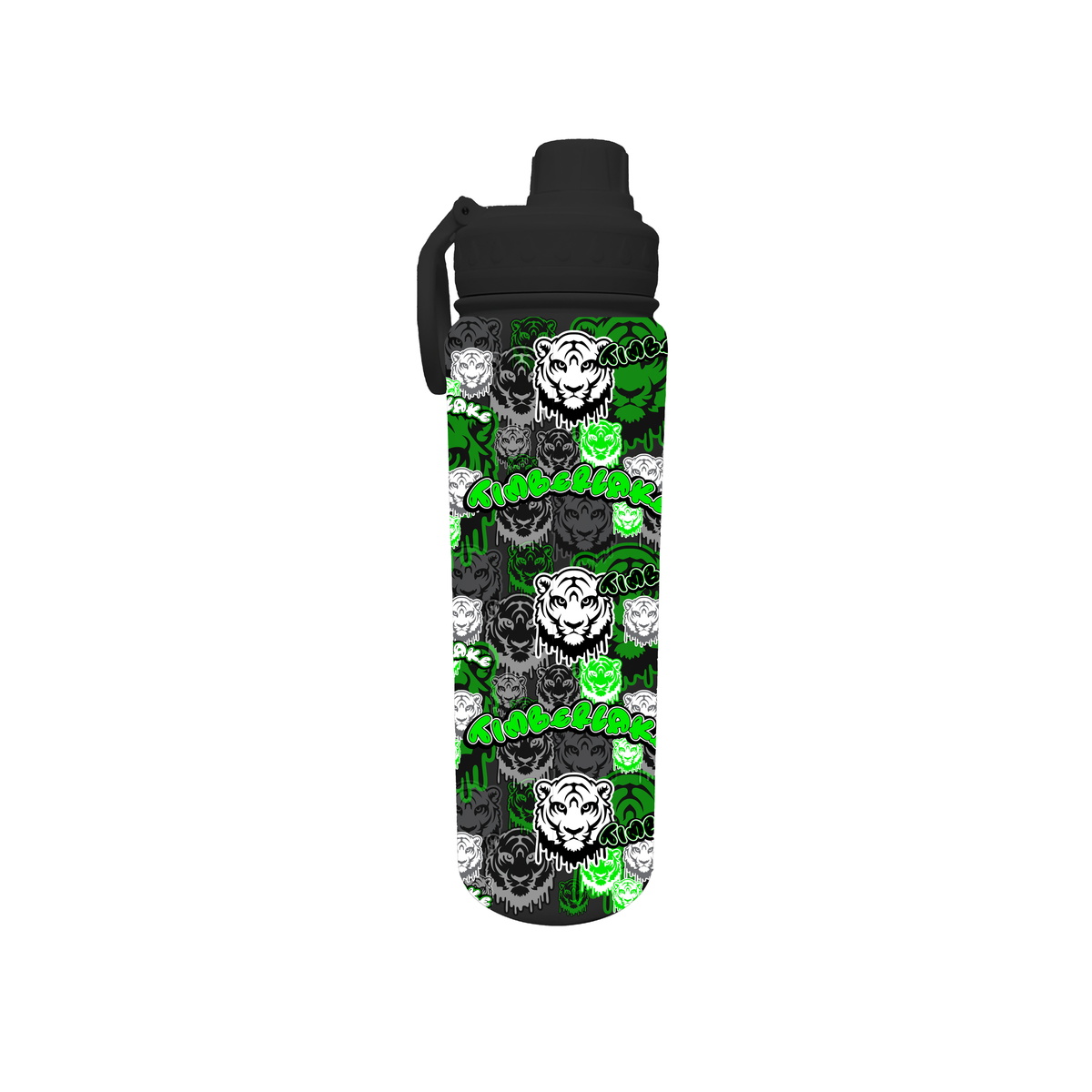 Black water bottle with green and white tiger head pattern and Timberlake text