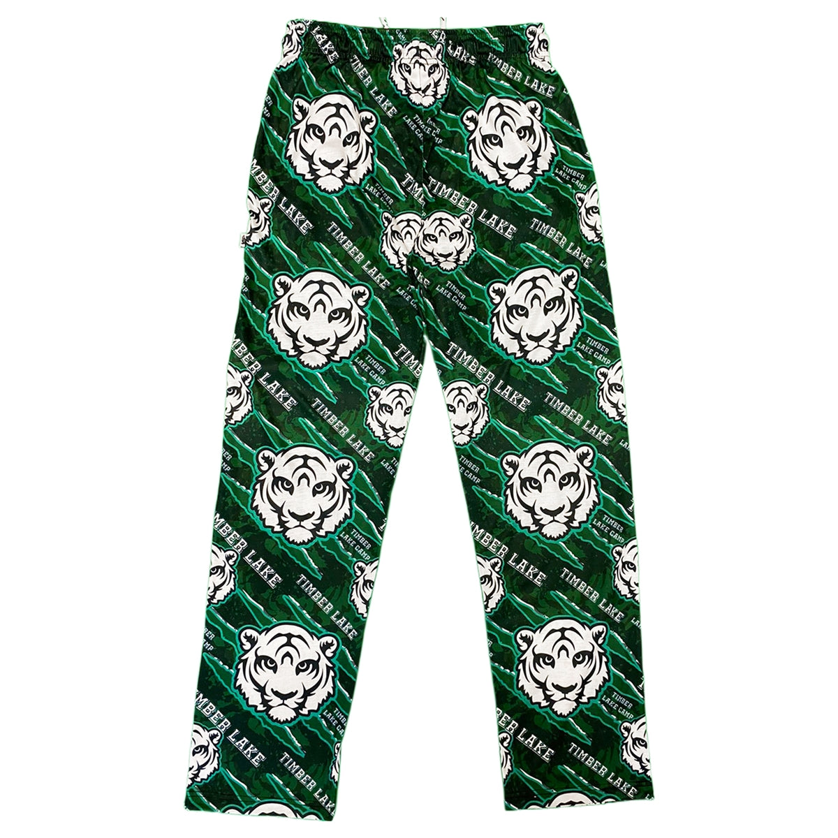 Green lounge pants with white tiger head print and Timber Lake text pattern