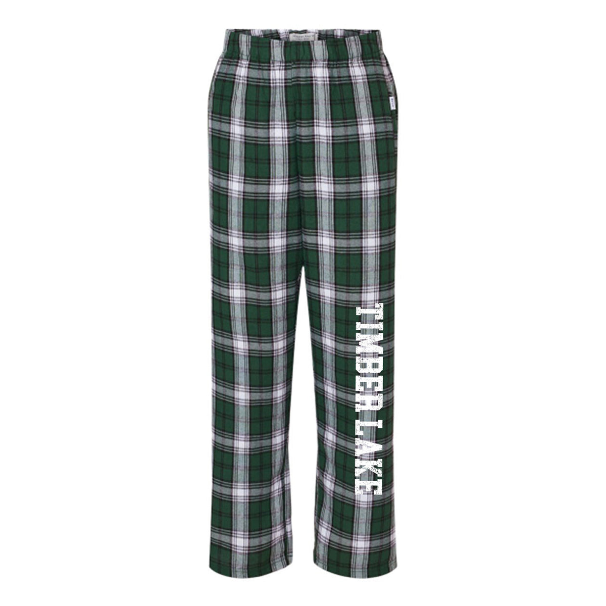 Green and white plaid pajama pants with Timber Lake text printed on the left leg