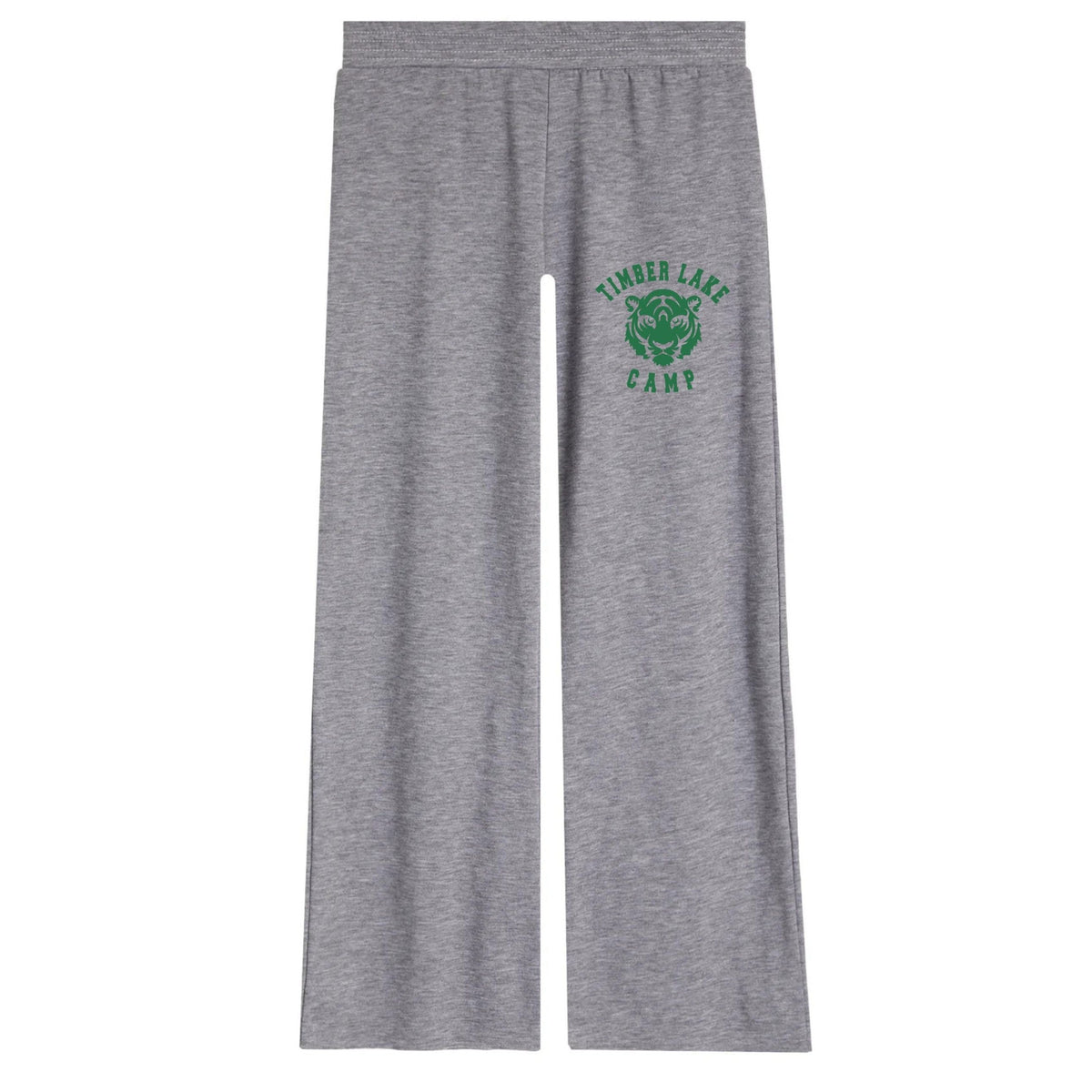 Grey sweatpants with Timber Lake Camp tiger logo in green