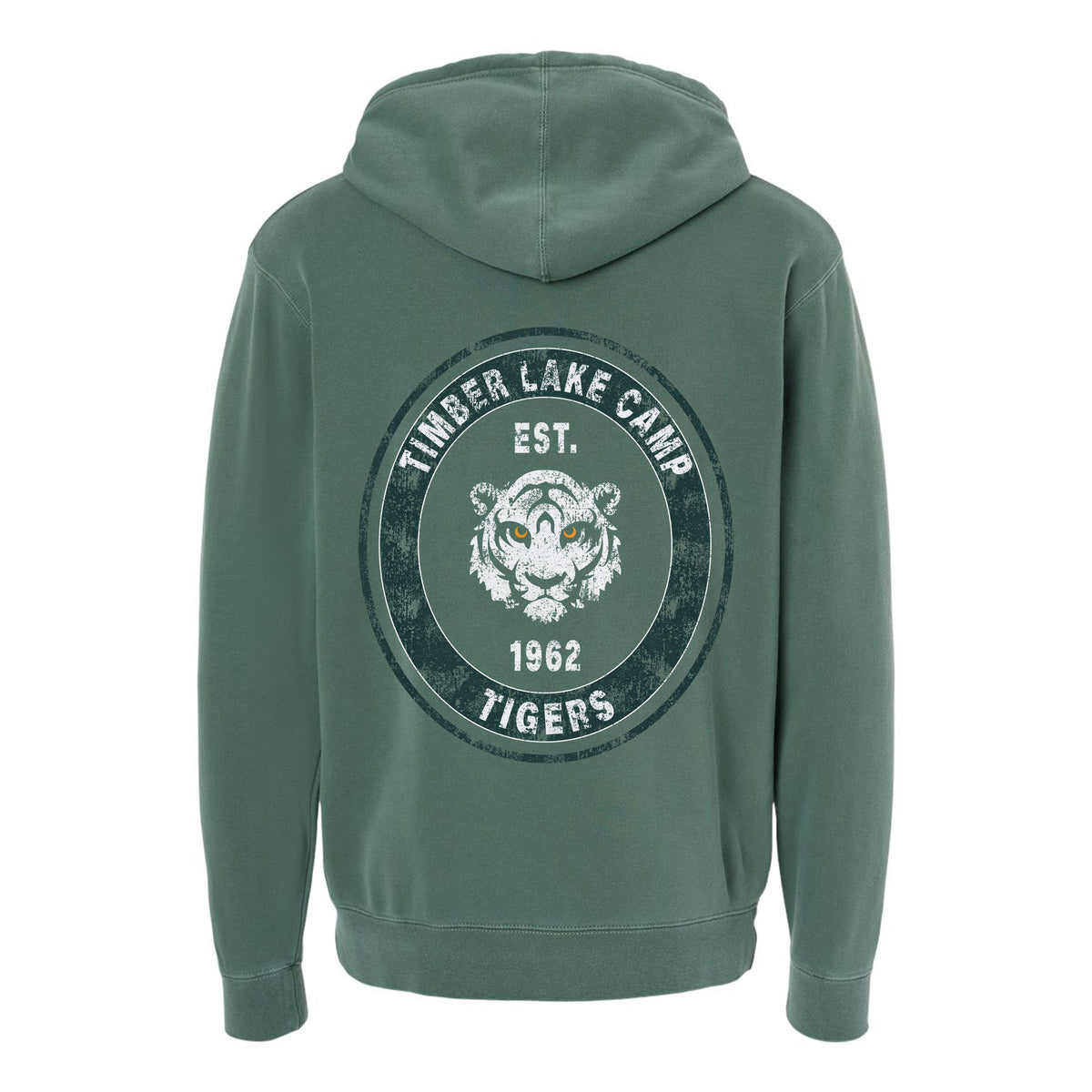 Back view of a green hooded sweatshirt with a circular Timber Lake Camp Tigers logo print