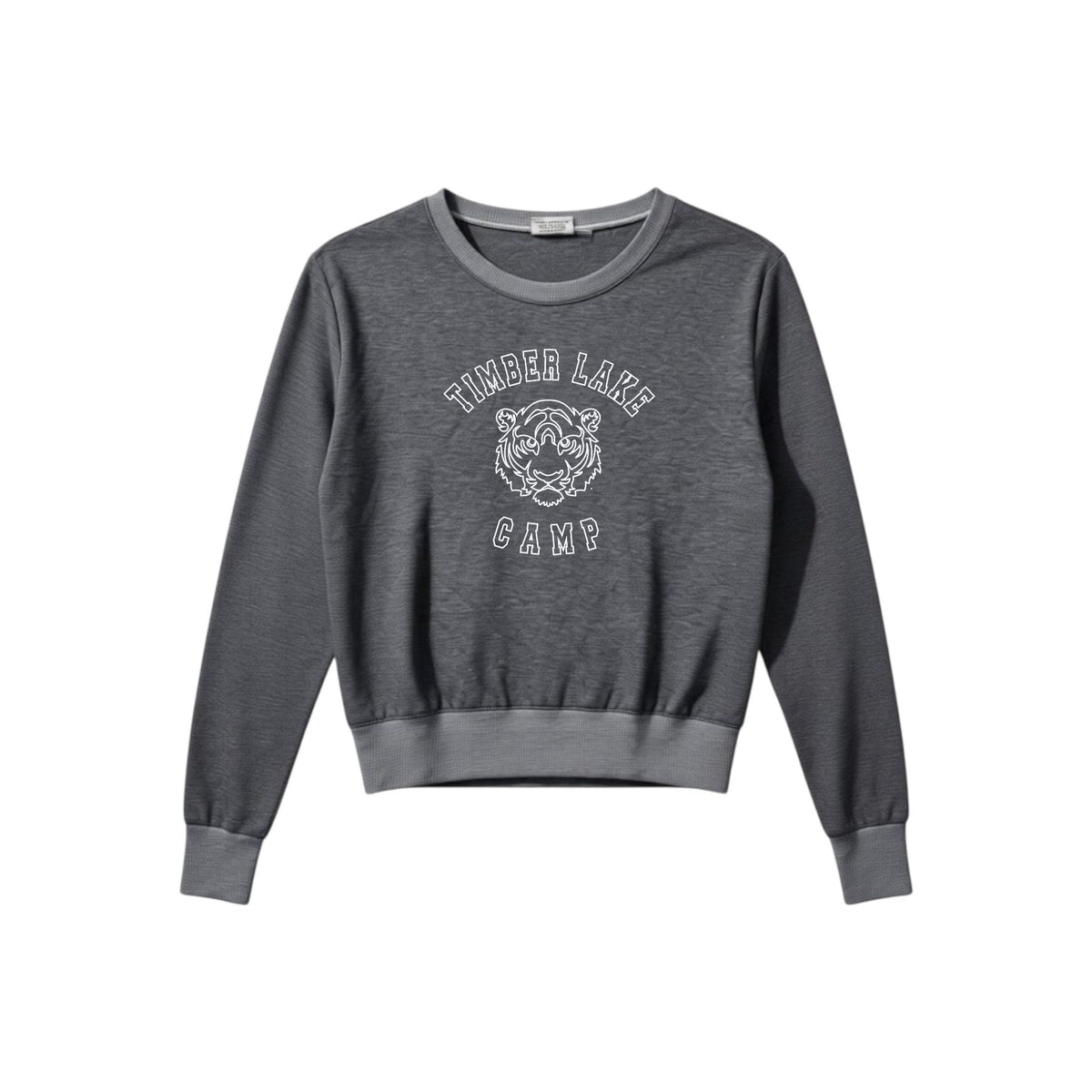 Dark grey crewneck sweatshirt with white Timber Lake Camp text and tiger head graphic