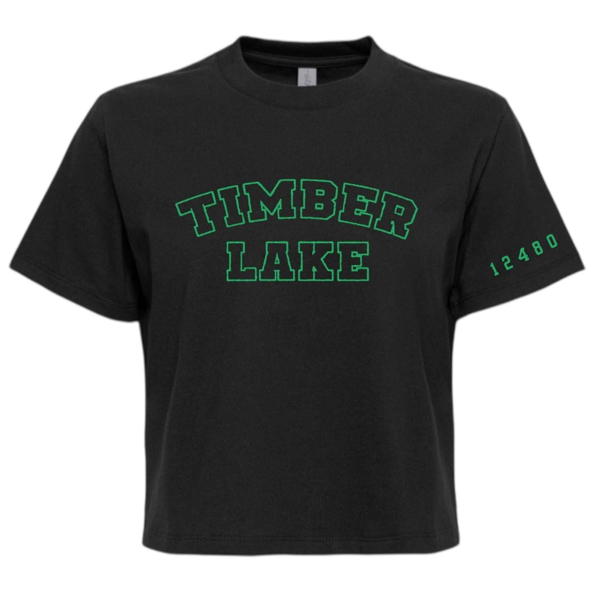 Black cropped t-shirt with green Timber Lake text and 12480 on the sleeve