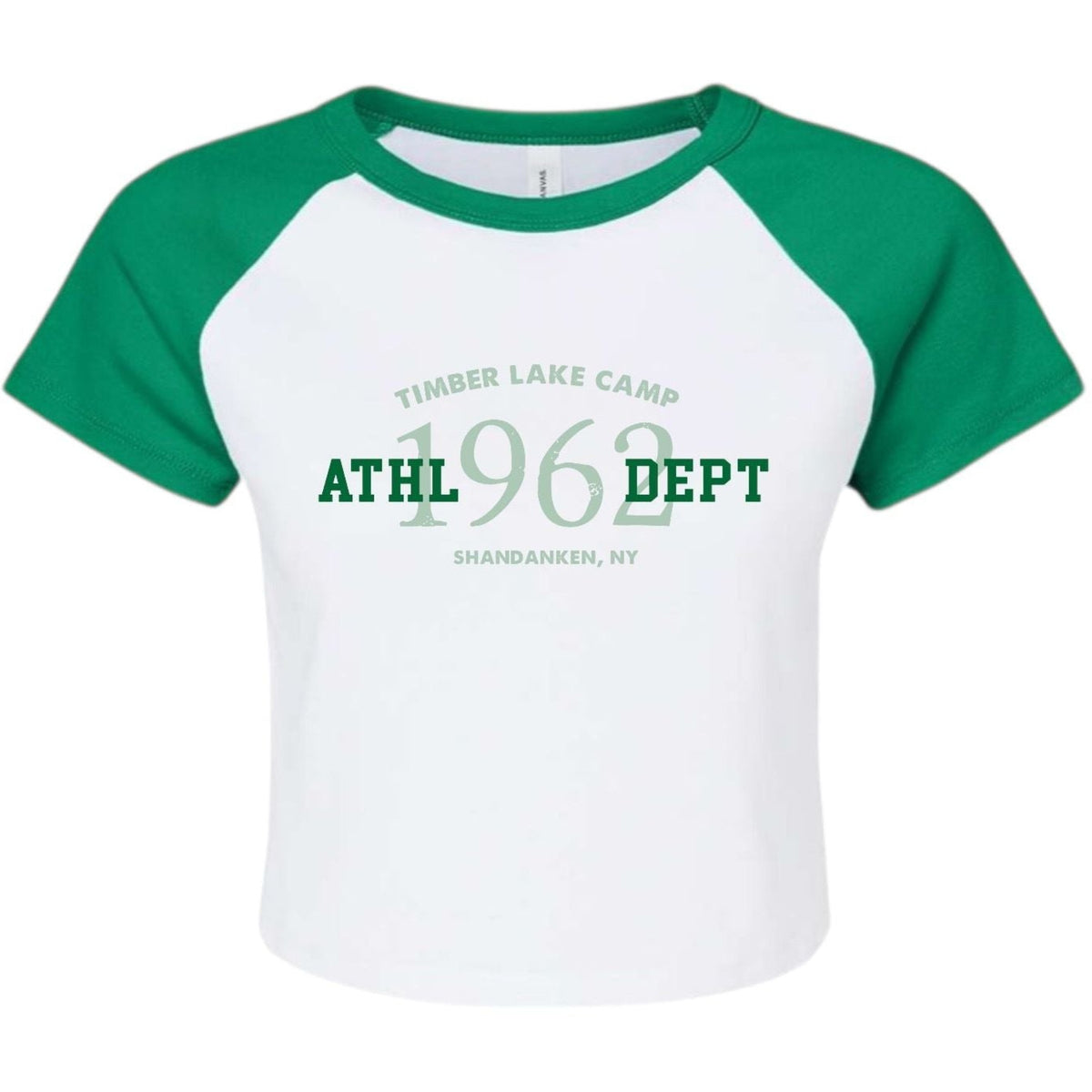White and green raglan crop top with Timber Lake Camp 1962 graphic