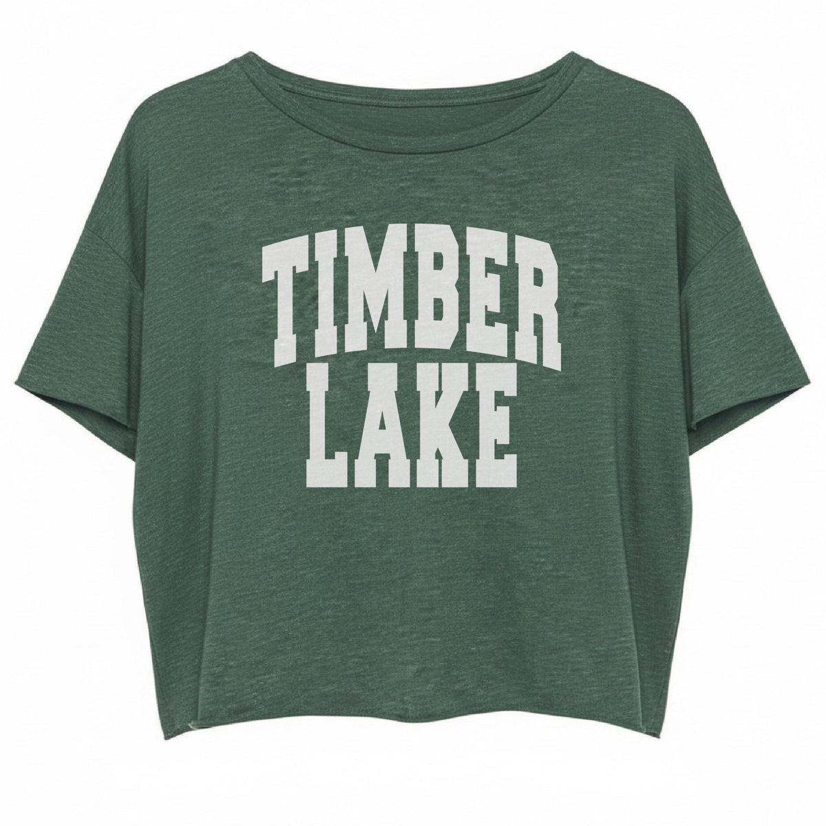 Dark green short sleeve cropped t-shirt with white Timber Lake text graphic