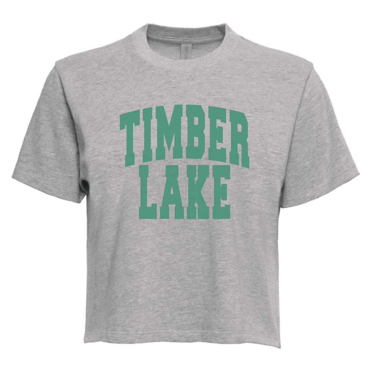 Grey cropped t-shirt with green Timber Lake text in collegiate font