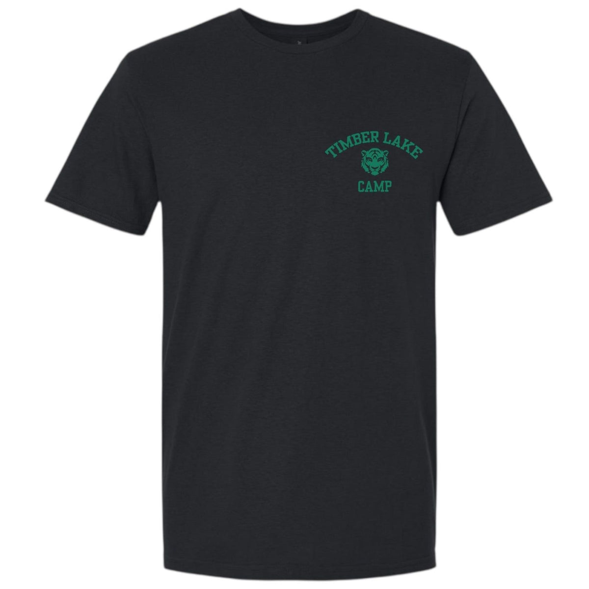 Black short sleeve t-shirt with Timber Lake Camp text and tiger head graphic on the chest