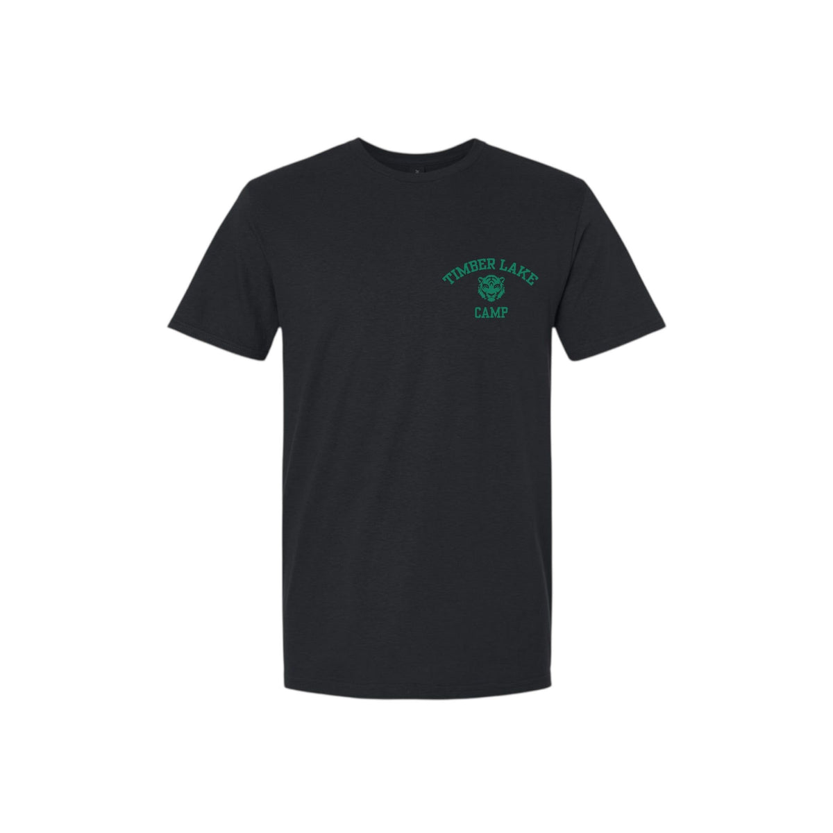 Black short sleeve t-shirt with Timber Lake Camp text and tiger head graphic on the chest