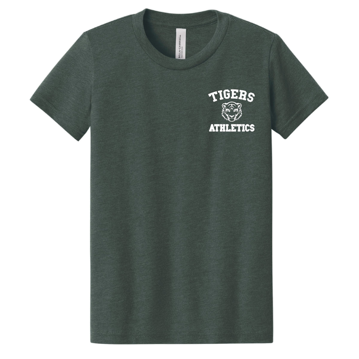 Dark green short sleeve t-shirt with white Tigers Athletics text and tiger head graphic on chest