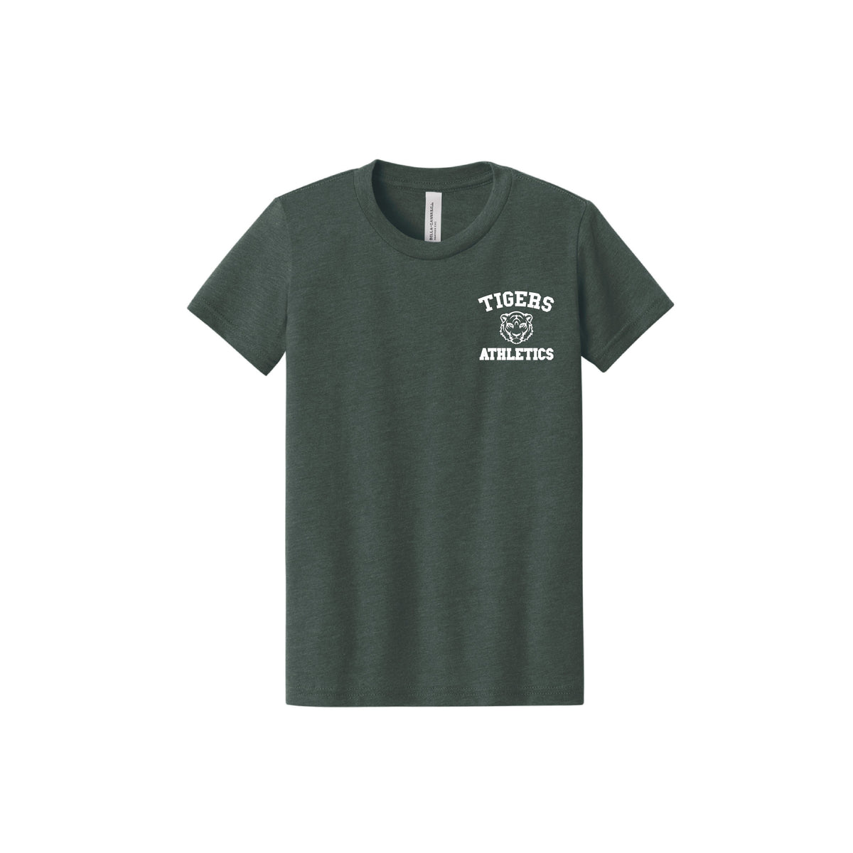 Dark green short sleeve t-shirt with white Tigers Athletics text and tiger head graphic on chest