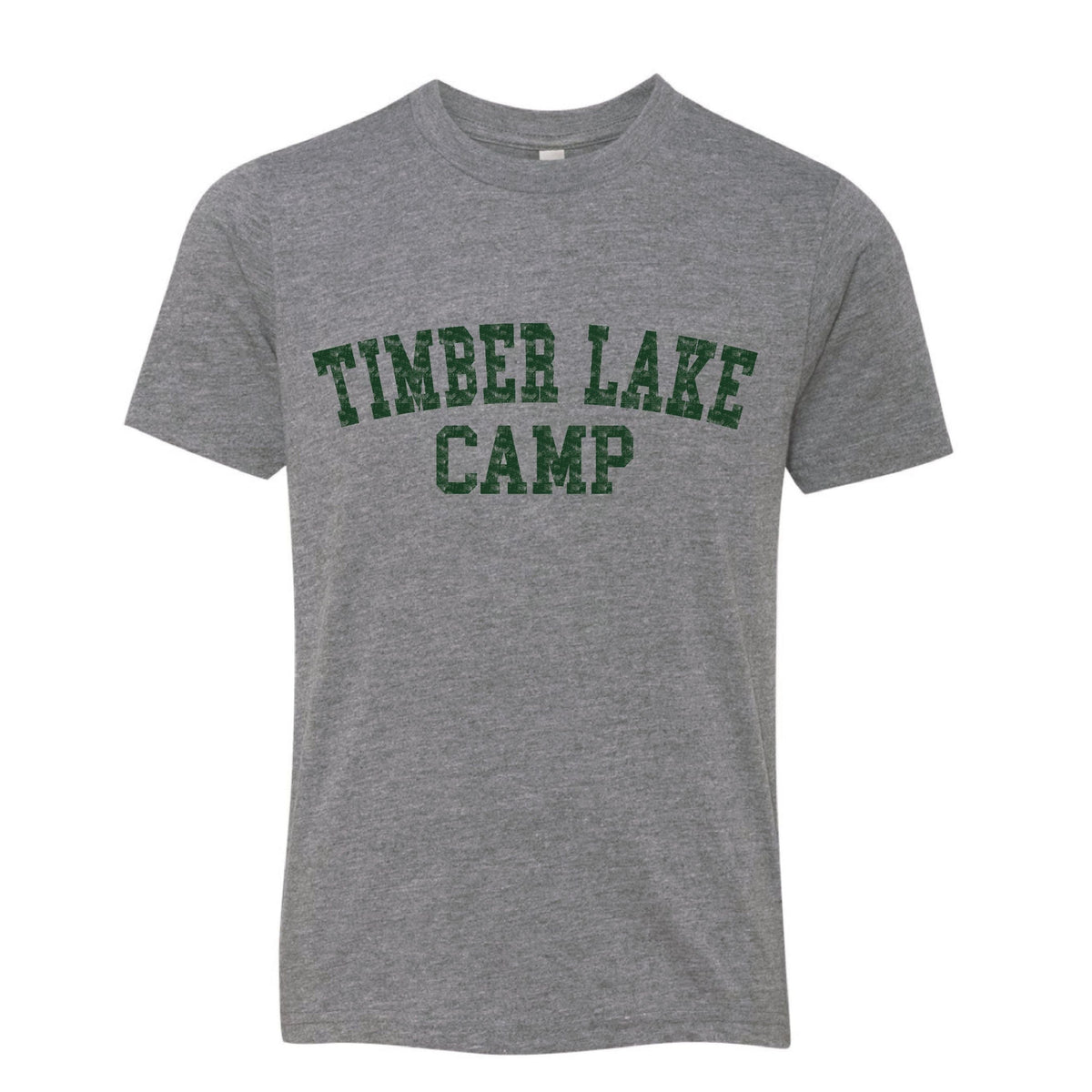 Grey short sleeve t-shirt with green Timber Lake Camp text
