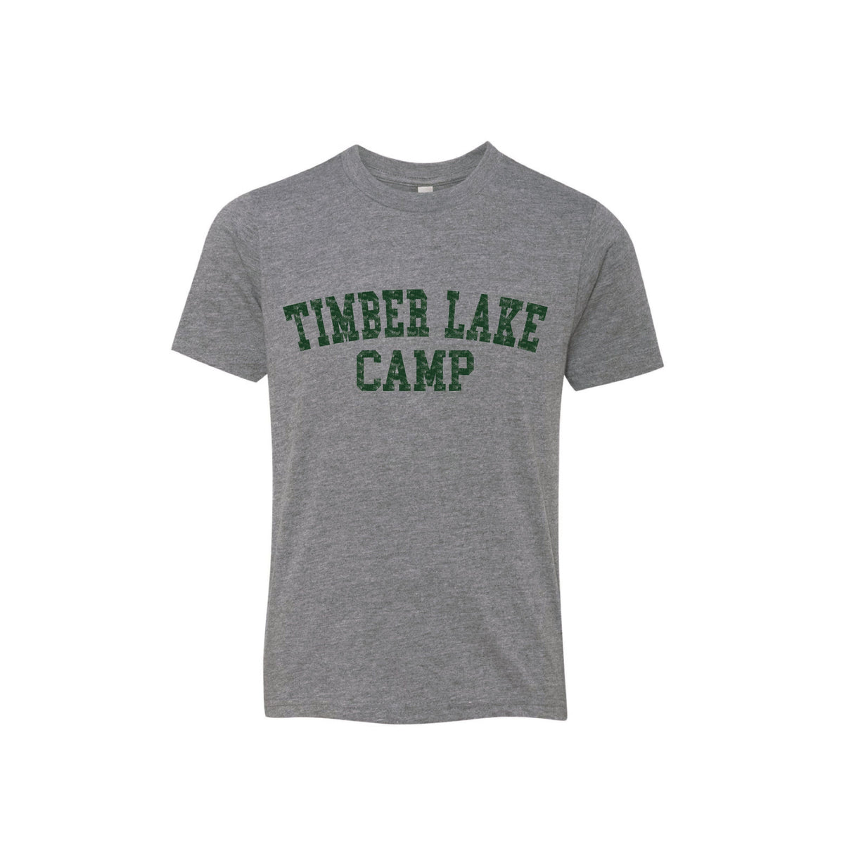 Grey short sleeve t-shirt with green Timber Lake Camp text