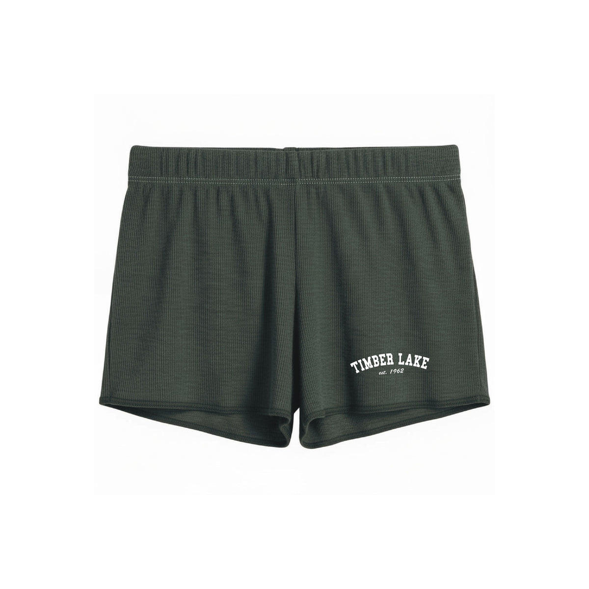 Dark green waffle knit athletic shorts with Timber Lake est 1962 text graphic