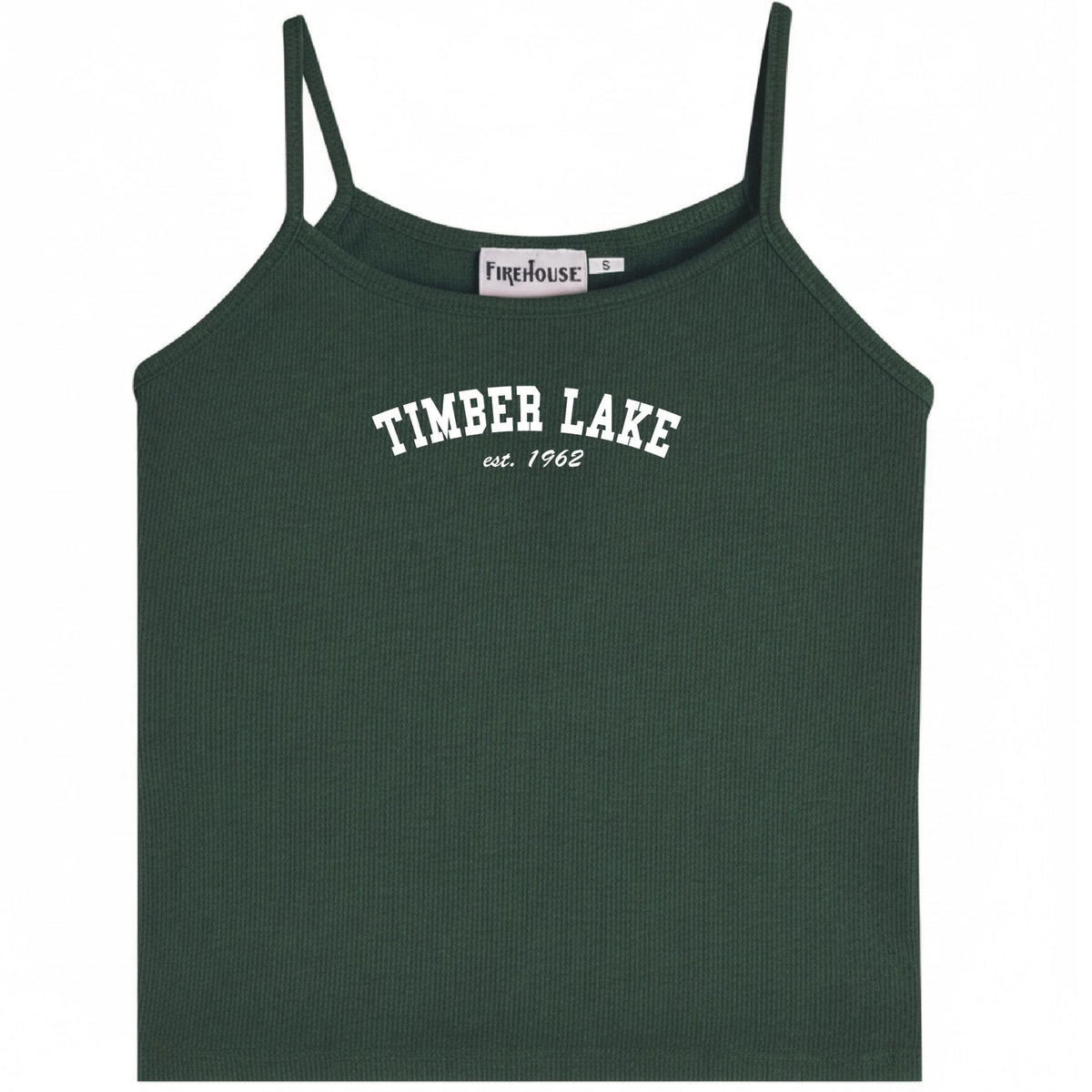 Dark green ribbed camisole with Timber Lake est 1962 text print