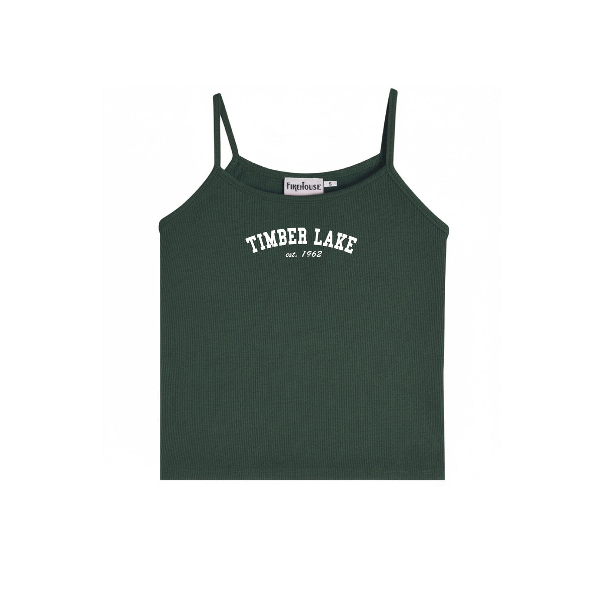 Dark green ribbed camisole with Timber Lake est 1962 text print