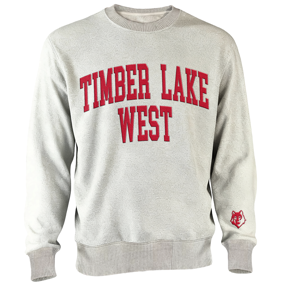 Light grey crewneck sweatshirt with Timber Lake West in red lettering and a small wolf logo on the sleeve