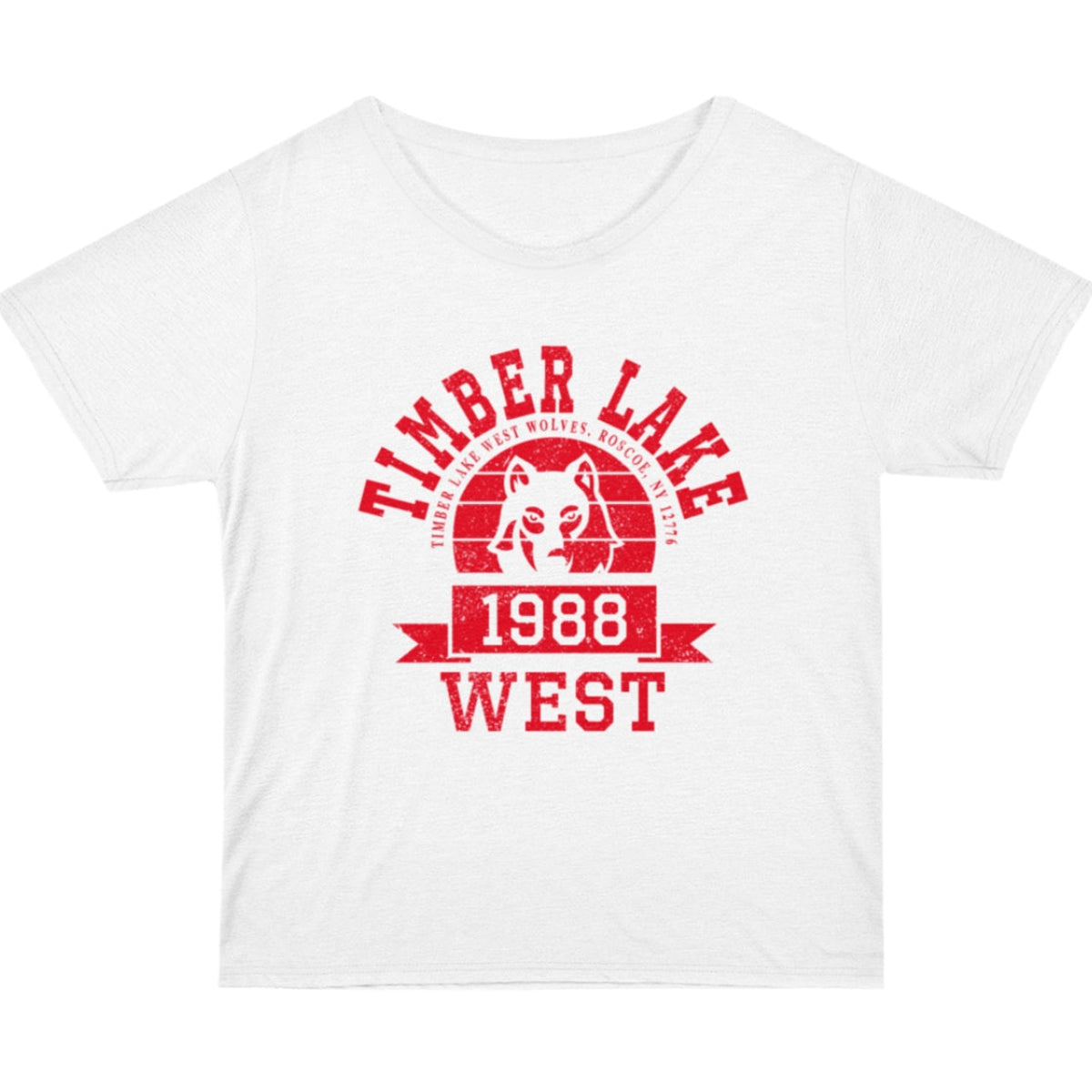 White t-shirt with red Timber Lake West Wolves 1988 graphic