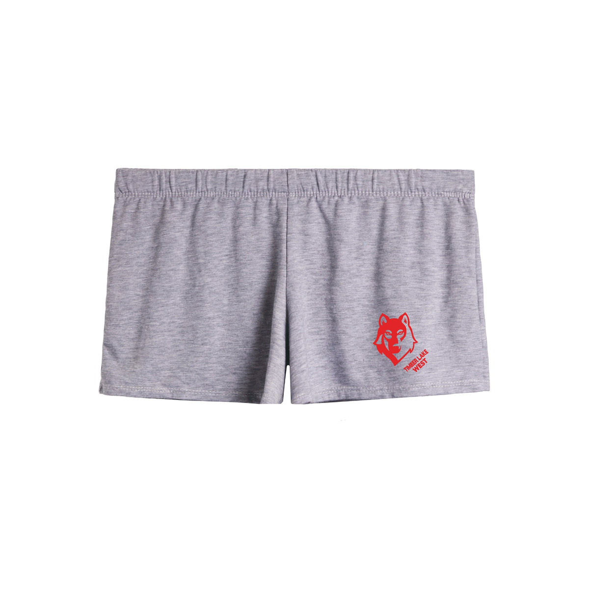 Grey athletic shorts with red Timber Lake West wolf logo on the right leg