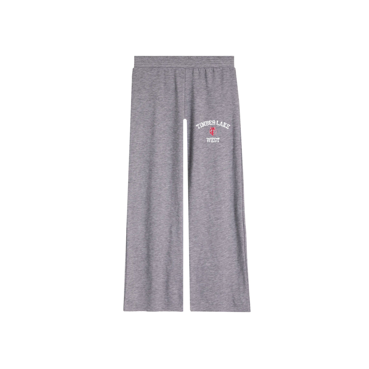 Grey wide leg sweatpants with Timber Lake West logo on the left hip