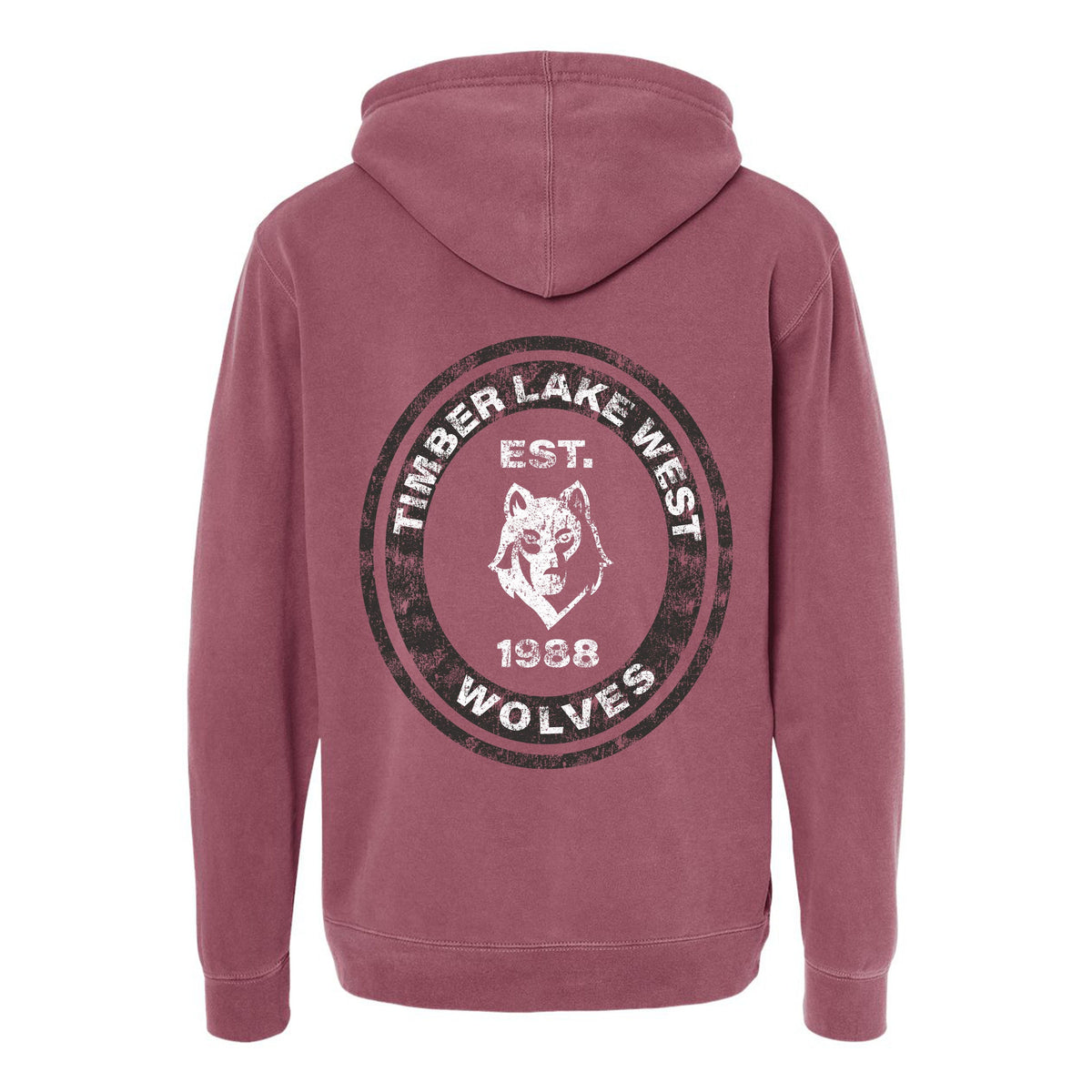 Back view of a maroon hoodie featuring a circular Timber Lake West Wolves graphic with a wolf head icon